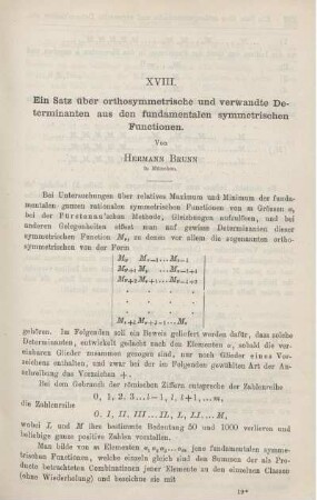 XVIII. Ein Satz über orthosymmetrische und verwandte Determinanten aus den fundamentalen symmetrischen Functionen.