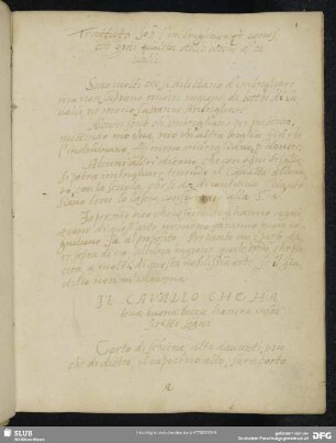 [Text 1:] Trattato sopra lʼimbrigliare et conoscere ogni qualità delle bocche dei cavalli