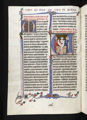 Deckfarbeninitiale V mit bewohnten Randausläufern, historisiert: König Salomo mit Gefolge