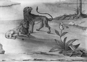 Detail der Wanddekoration mit zwei Löwen am Flussufer