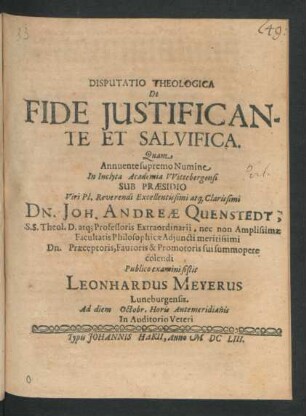 Disputatio Theologica De Fide Iustificante Et Salvifica
