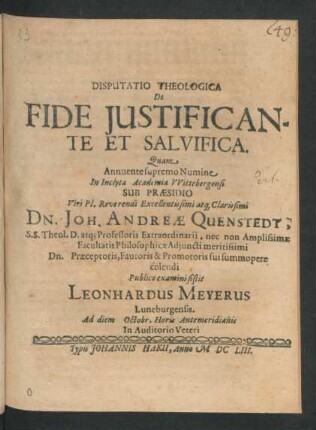 Disputatio Theologica De Fide Iustificante Et Salvifica