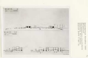 Feriendorf (Diplomarbeit bei Willy Kreuer): Restauration-, Hafen-, Bad- und Spielbezirk, Ansichten von Süden und Schnitte 1:200