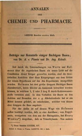 Annalen der Chemie und Pharmacie : vereinigte Zeitschrift des Neuen Journals der Pharmacie für Ärzte, Apotheker und Chemiker u. des Magazins für Pharmacie und Experimentalkritik. 87 = N.R., Bd. 11. 1853