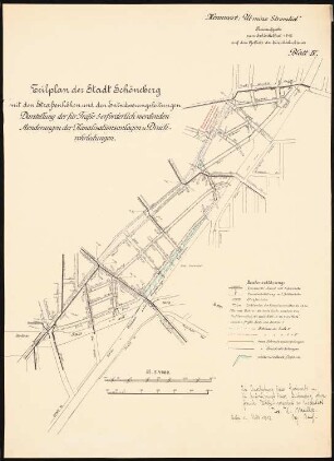 Städtische Tiefbahn [U-Bahn] zwischen Berlin und Schöneberg Schinkelwettbewerb 1912: Lageplan: Veränderungen der Kanalisationsanlagen und Druckrohrleitungen (Trasse 5) 1:4000