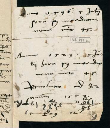 147a, eingeklebter Zettel mit Berechnungsbeispielen für 1496 und 1523
