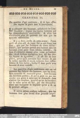 Chapitre II. De manières d'agir extérieures, & de leurs effets. Des moyens de plaire dans la conversation.