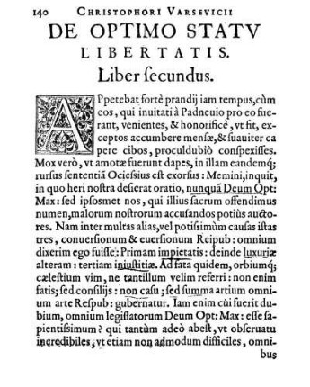 Christohorvs Varsevicii, De Optimo Statv Libertatis. Liber secundus.