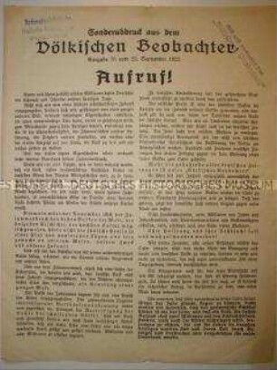 Sonderdruck des "Völkischen Beobachter" mit Aufruf Hitlers