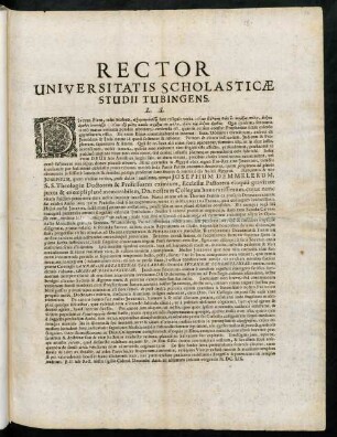 Rector Universitatis Scholasticae Studii Tubingensis. L. S. : Divinus Plato, teste Stobaeo ...