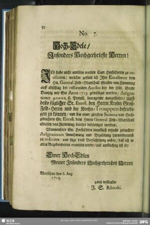 No. 7. Hoch-Edele, Insonders Hochgeehrteste Herren!