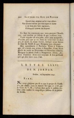 120-140, Lettre LXXVI. de M Jordan.-Lettre LXXXVIII. du Roi.