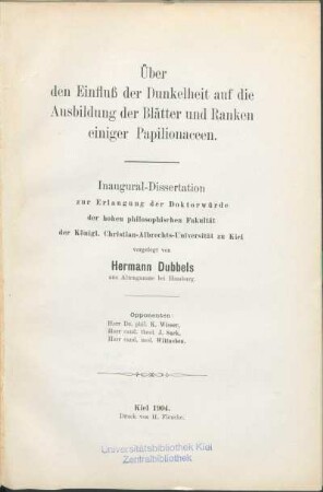Über den Einfluß der Dunkelheit auf die Ausbildung der Blätter und Ranken einiger Papilionaceen