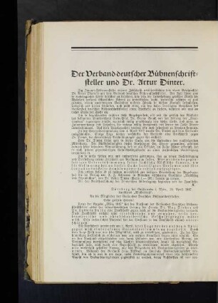 Der Verband deutscher Bühnenschriftsteller und Dr. Artur Dinter.