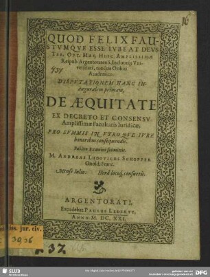 Disputationem hanc inauguralem primam de aequitate