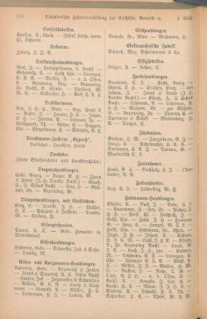 Eisengießereien. Eisenhandlungen. Eisen- und Kurzwaaren-Handlungen. Eishandlungen. Elektrotechnische Fabrik. Essigfabriken.