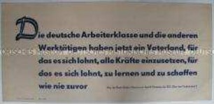 Maueranschlag mit Zitat aus der Rede Ulbrichts über den Fünfjahrplan auf dem III. Parteitag der SED