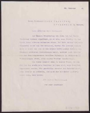 Schreiben an Hans Delbrück (Brief)
