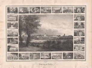 Ansicht von Leipzig mit 24 Einzelansichten, Lithogr., um 1840 : Erinnerung an Leipzig / nach d. Natur gezeichnet [und] lithographirt v. C. W. Arldt. - Dresden : Eduard Pietzsch ; Dresden : Eduard Pietzsch , [um 1840]. - 25 Ansichten auf 1 Kunstbl. : Lithogr. ; Gesamtgr. 54 x 37 cm.