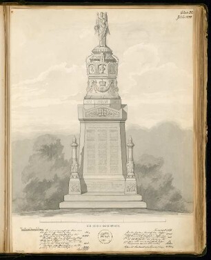 Gefallenendenkmal, Erfurt Monatskonkurrenz Juli 1874: Aufriss Vorderansicht; Maßstabsleiste, Erläuterungstext