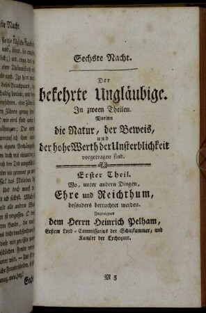 Sechste Nacht. Der bekehrte Ungläubige. In zween Theilen. [...]