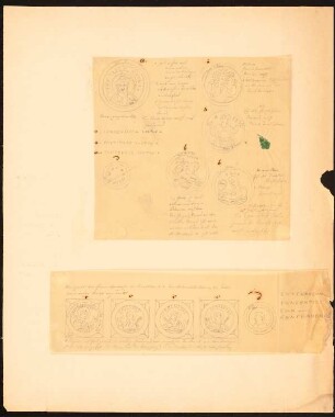 Buchornamentik: Codex Aureus Epternacensis (Goldenes Evangeliar von Echternach): Ansichten Medaillons mit allegorischer Darstellung der vier Elemente und Kardinaltugenden (oberes Blatt) und nichtkanonischer Tugenden (unteres Blatt), mit Farbangaben (dazu vgl. auch Inv.Nrn. 44595, 44613, 44616)