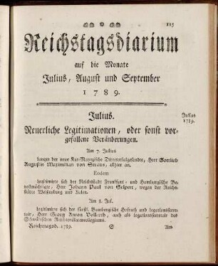 Reichstagsdiarium auf die Monate Julius, August und September 1789.