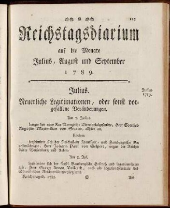 Reichstagsdiarium auf die Monate Julius, August und September 1789.