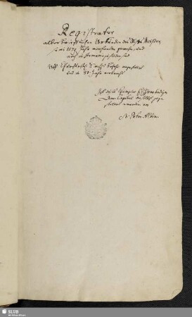 Registratur alter briefflichen Urkunden des Stiffts Meißen, so im 1579 Jahr vorhanden gewesen, und noch im Armario zu finden sind. Uff Churfurstl. Saechs. Befehl angestellet und im 81. Jahr verbracht Ist dieses Exemplar E. Ehrwurdigen Dom-Capitul daselbst zugestellet worden, von M. Petro Albino. - Mscr.Dresd.K.36