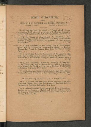SEMITIC STUDY SERIES Tentative list of other texts to be included in the series.