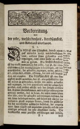 Vorbereitung von der rede, wohlredenheit, beredsamkeit, und Redekunst überhaupt.