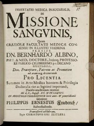 Dissertatio Medica Inauguralis, De Missione Sanguinis