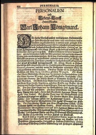 Personalien und Lebens-Lauff Herrn Graffen Carl Johann Königsmarck.