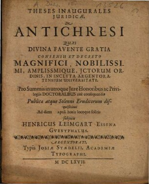 Theses inaugurales iuridicae, de antichresi
