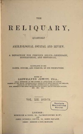 The reliquary : depository for precious relics, legendary, biographical, and historical, 12. 1871/72