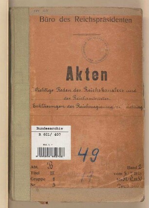 Reden des Reichskanzlers und der Reichsminister.- Erklärungen der Reichsregierung im Reichstag: Bd. 2