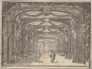 Bühnenbild zur Oper "La Caduta del Regno dell’Amazzoni" (zweiter Akt, Szene 14: Mandane und Licandro in einer Galerie), aus der 1690 in Rom publizierten Edition des Librettos