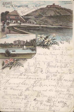Postkartenalbum. "Gruss aus Karlsruhe". Lauterberg mit Schwarzwaldhaus, Stadtgartensee und Festhalle