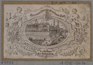 Glückwunschkarte mit einer Ansicht des vierten Belvedere auf der Brühlschen Terrasse in Dresden, Blick nach Südwesten, im Hintergrund die Katholische Hofkirche und den ersten Bau der Semperoper, in reich verzierter Rahmung