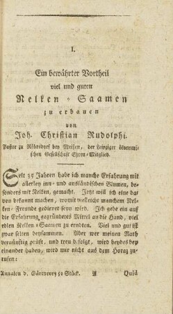 I. Ein bewährter Vortheil viel und guten Nelken-Saamen zu erbauen