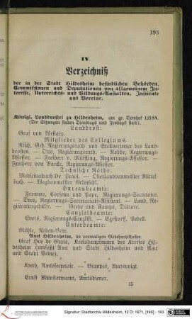 IV. Verzeichniß der in der Stadt Hildesheim befindlichen Behörden, Commissionen und Deputationen von allgemeinem Interesse, Unterrichts- und Bildungs-Anstalten, Institute und Vereine.