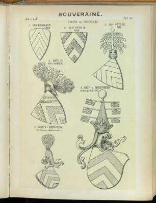 Taf. 41. 1. Grafen von Ravensberg. - Graf Hermann. 1217. - 2. Graf Otto III. 1268. - 3. Graf Otto III. 1278 - 4. Otto IV. Graf v. Ravensberg. - 5. Grafen v. Ravensberg. (n.d. Cölnischen Vasallenbuche.) - 6. Graf v. Ravensberg n.d. Werniger. W.-B. Teil I.