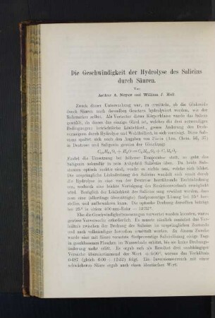 Die Geschwindigkeit der Hydrolyse des Salicins durch Säuren