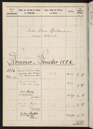 Sommersemester 1884 und Wintersemester 1884/1885. Rektorat Oskar Bülow