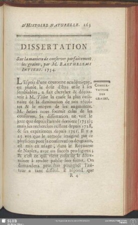 Dissertation Sur la maniere de conserver parfaitement les grains, par M. Barthelemi Intieri. 1754