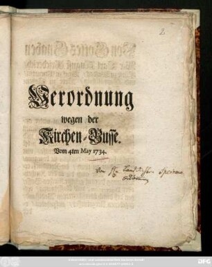 Verordnung wegen der Kirchen-Busse. Vom 4ten May 1734