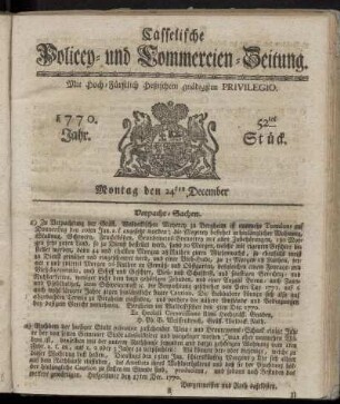 52tes Stueck, Montag den 24ten December. 1770