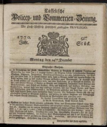 52tes Stueck, Montag den 24ten December. 1770
