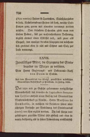 LXVII. Zuverlässiges-Mittel, die Erzeugung des Steinbrandes im Waizen zu verhüten