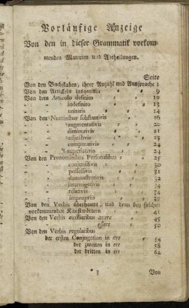 Vorläufige Anzeige Von den in dieser Grammatik vorkommenden Materien und Abtheilungen.
